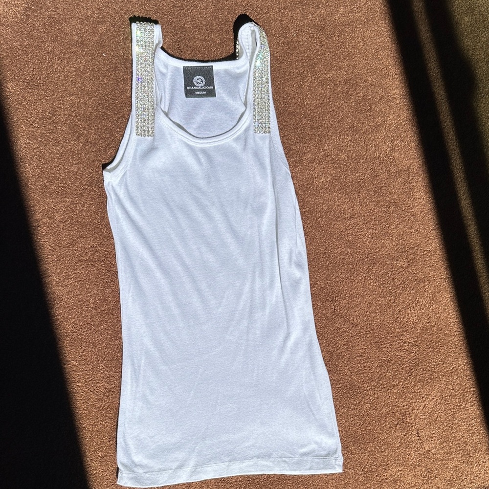 Elegant White Tank Top with Rhinestone shoulder Accents